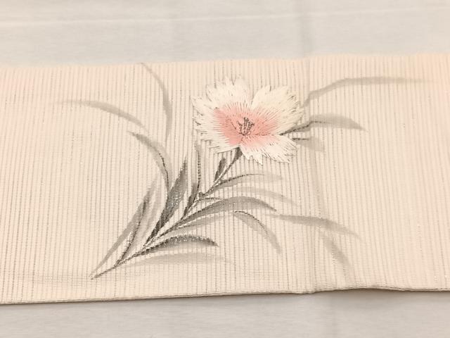 平和屋着物*夏物 九寸名古屋帯 作家物 手描き 刺繍 枝花文 銀彩 正絹 逸品 BAAX7769hv