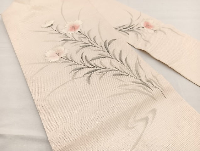 平和屋着物*夏物 九寸名古屋帯 作家物 手描き 刺繍 枝花文 銀彩 正絹 逸品 BAAX7769hv