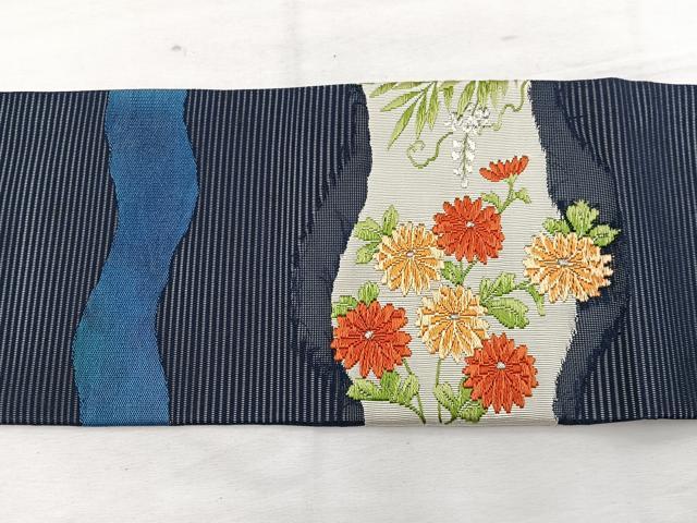 平和屋着物*夏物 九寸名古屋帯 唐織 草花文 銀糸 正絹 逸品 BAAX7786hv