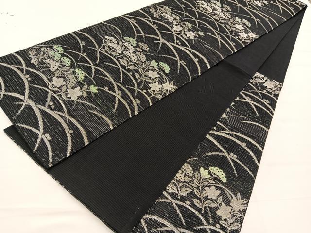 平和屋着物*夏物 六通柄袋帯 秋草文 黒地 銀糸 正絹 逸品 BAAX7798hv
