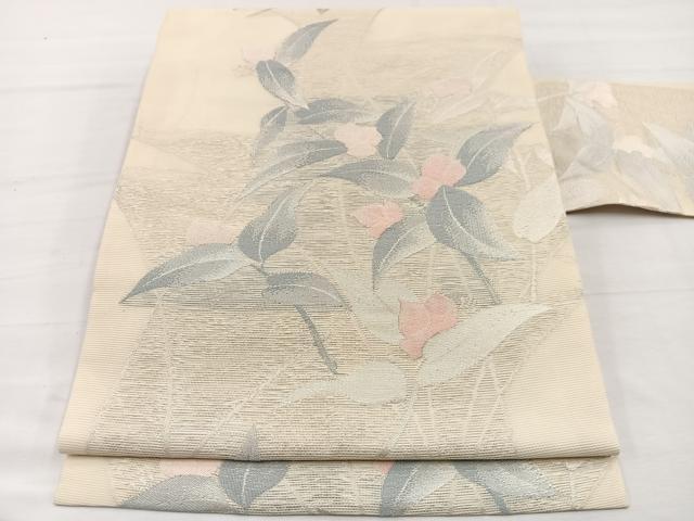 平和屋着物*夏物 九寸名古屋帯 枝葉文 銀糸 正絹 逸品 BAAX7812hv