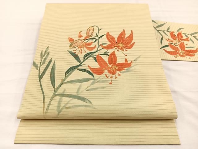 平和屋着物*夏物 絽塩瀬 九寸名古屋帯 手描き 百合 金彩 正絹 逸品 BAAX7817hv