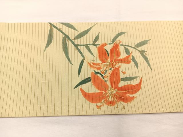平和屋着物*夏物 絽塩瀬 九寸名古屋帯 手描き 百合 金彩 正絹 逸品 BAAX7817hv