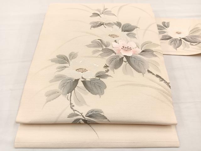 平和屋着物*夏物 九寸名古屋帯 作家物 手描き 刺繍 枝花文 銀彩 正絹 逸品 BAAX7823hv
