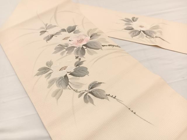 平和屋着物*夏物 九寸名古屋帯 作家物 手描き 刺繍 枝花文 銀彩 正絹 逸品 BAAX7823hv