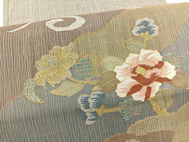 平和屋着物*夏物 太鼓柄袋帯 すくい織 草花文 金銀糸 正絹 逸品 BAAX7858hv
