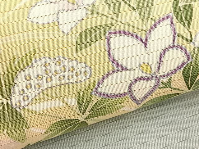 平和屋着物*夏物 絽塩瀬 九寸名古屋帯 秋草文 銀彩 五泉 反端付き 正絹 逸品 BAAX7893hv
