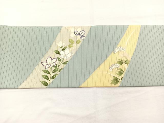 平和屋着物*夏物 絽塩瀬 九寸名古屋帯 秋草文 銀彩 五泉 反端付き 正絹 逸品 BAAX7893hv