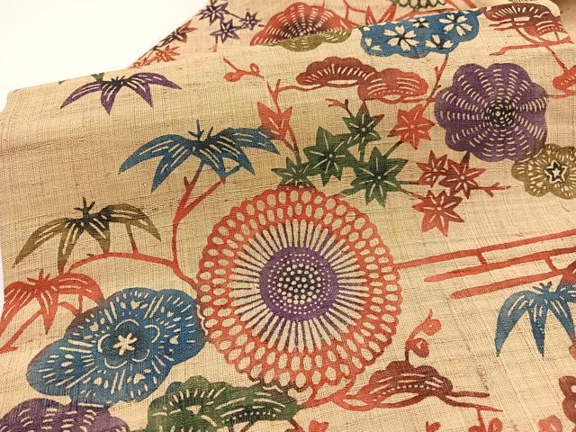 平和屋着物*夏物 全通柄 九寸名古屋帯 紅型 紬地 松竹梅花文 正絹 逸品 BAAX7925hv