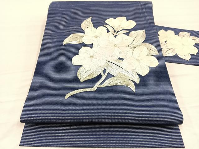 平和屋着物*夏物 九寸名古屋帯 総駒刺繍 枝花文 銀糸 正絹 逸品 BAAX7939hv