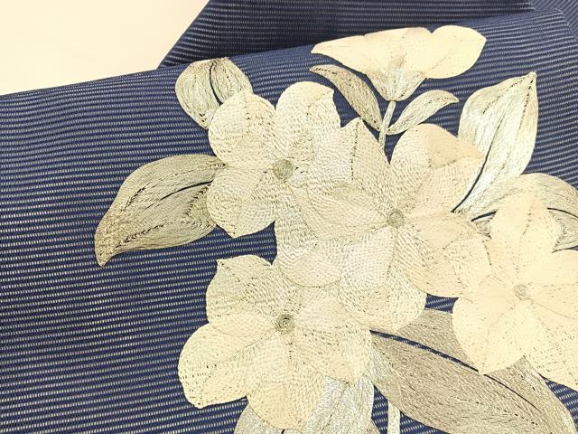 平和屋着物*夏物 九寸名古屋帯 総駒刺繍 枝花文 銀糸 正絹 逸品 BAAX7939hv