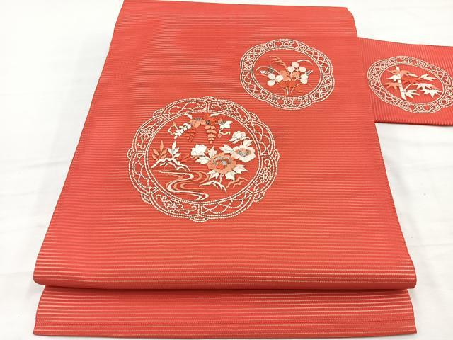 平和屋着物*夏物 九寸名古屋帯 総刺繍 花絵皿文 正絹 逸品 BAAX7955hv