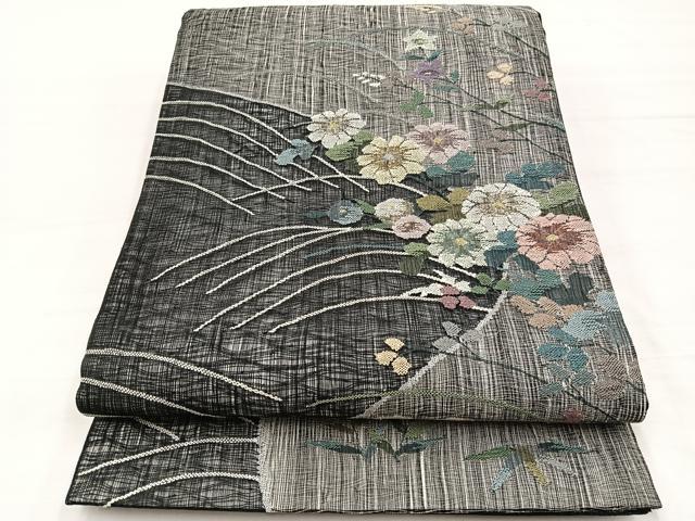 平和屋着物*夏物 太鼓柄袋帯 すくい織 立波花文 黒地 銀糸 正絹 逸品 BAAX7960hv