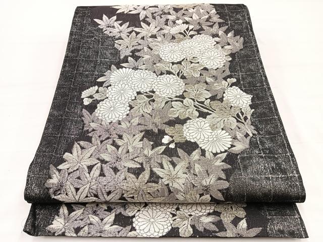 平和屋着物*夏物 全通柄袋帯 楓地文に菊 黒地 銀糸 正絹 逸品 未使用 BAAX7968hv