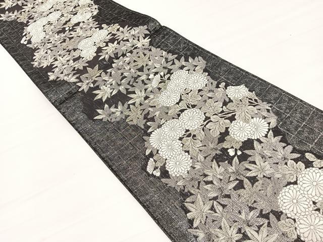平和屋着物*夏物 全通柄袋帯 楓地文に菊 黒地 銀糸 正絹 逸品 未使用 BAAX7968hv