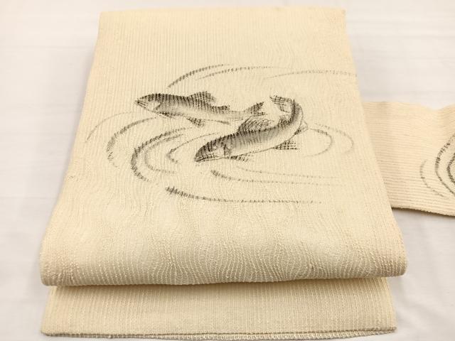 平和屋着物*夏物 九寸名古屋帯 作家物 手描き 魚 正絹 逸品 BAAX7980hv