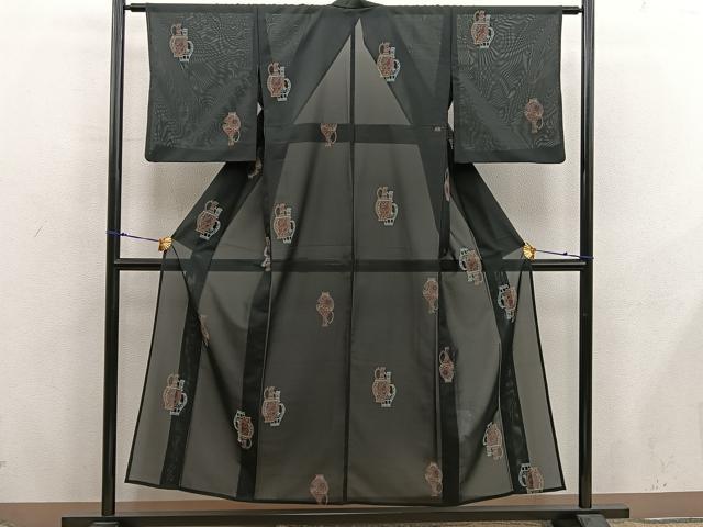 平和屋着物*夏物 小紋 紗 陶器花鳥文 黒地 洗える着物 BAAX8056mz