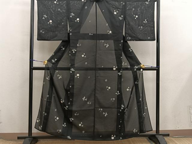 平和屋着物*夏物 小紋 絽 秋草文 黒地 洗える着物 BAAX8084mz