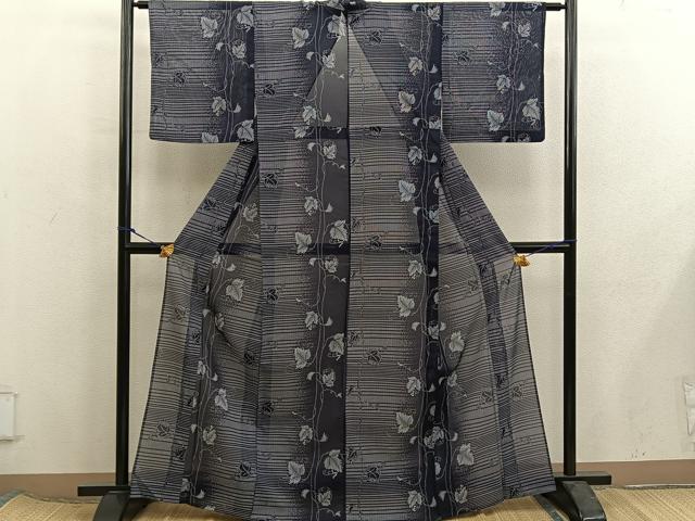 平和屋着物*夏物 小紋 紗 葡萄蔦の葉文 洗える着物 BAAX8087mz
