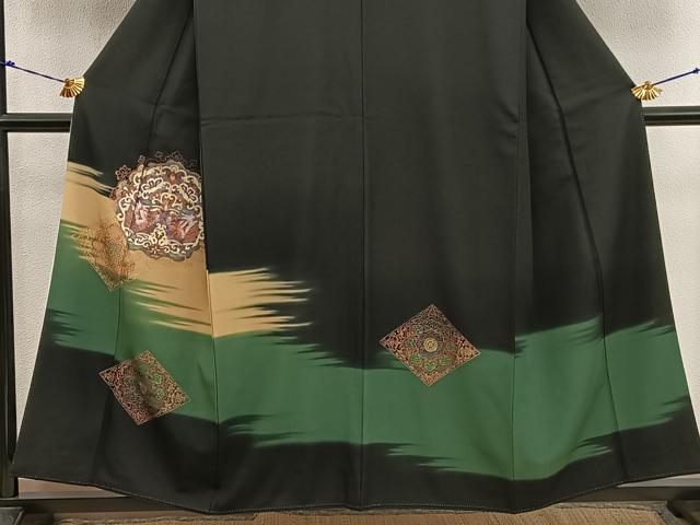 平和屋着物■豪華黒留袖 駒刺繍 向かい鳥花文 暈し染め 金彩 正絹 逸品 BAAX8246mz