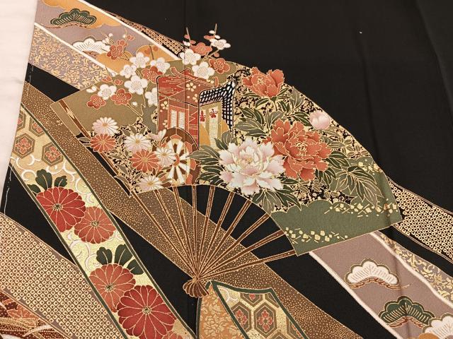 平和屋着物■豪華黒留袖 扇面御所車花文 金彩 正絹 逸品 未使用 BAAX8256mz