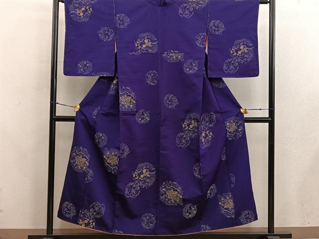 平和屋着物■アンティーク 大正ロマン 小紋 寿光織 御所車花文 金糸 正絹 逸品 BAAX8262mz