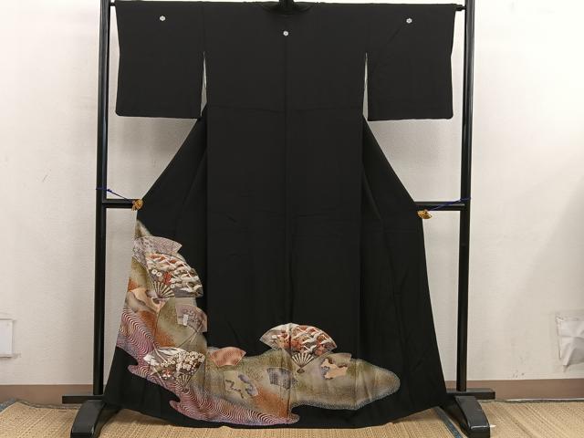 平和屋着物■豪華黒留袖 駒刺繍 扇面飛鶴花文 金彩 正絹 逸品 BAAX8301mz