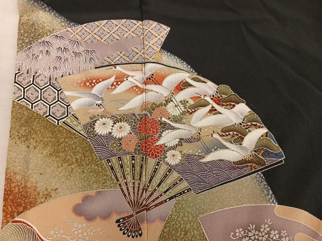 平和屋着物■豪華黒留袖 駒刺繍 扇面飛鶴花文 金彩 正絹 逸品 BAAX8301mz