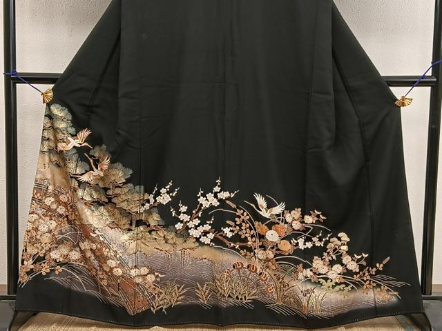 平和屋着物■豪華黒留袖 駒刺繍 飛鶴花文 暈し染め 金彩 正絹 逸品 BAAX8355mz