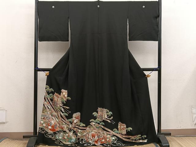平和屋着物■豪華黒留袖 駒刺繍 御所車人物花文 正絹 逸品 BAAX8364mz