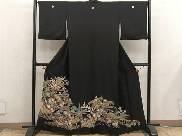平和屋着物■豪華黒留袖 駒刺繍 扇面花文 正絹 逸品 BAAX8431mz