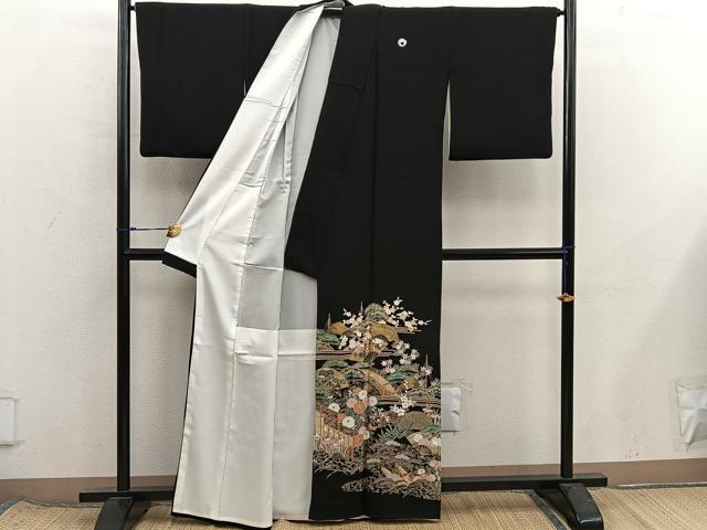平和屋着物■豪華黒留袖 駒刺繍 扇面花文 正絹 逸品 BAAX8431mz