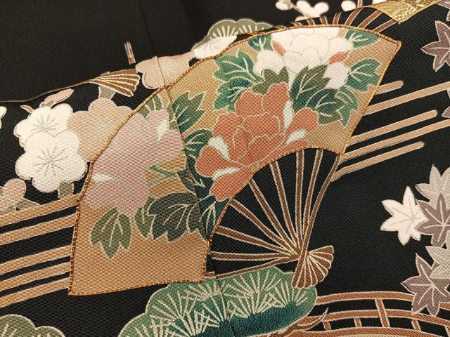平和屋着物■豪華黒留袖 駒刺繍 扇面花文 正絹 逸品 BAAX8431mz