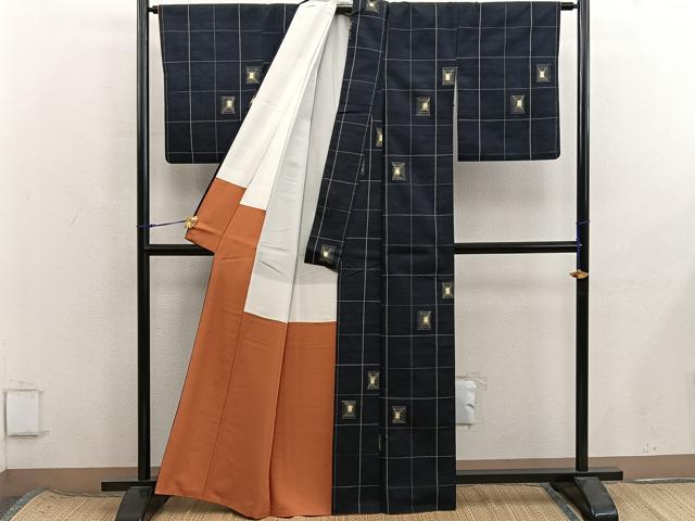 平和屋着物■上質な紬 格子柄 正絹 逸品 BAAX8570mz