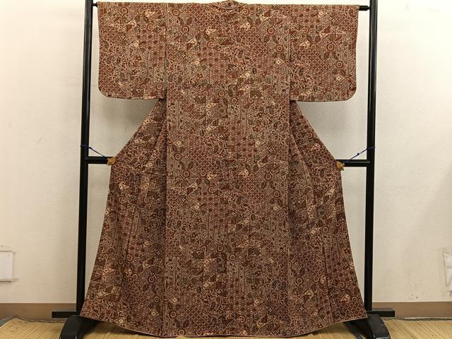 平和屋着物■上質な小紋 更紗花文 鬼しぼ縮緬 正絹 逸品 BAAX8573mz