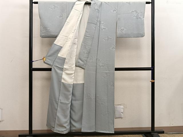 平和屋着物■上質な色無地 草花地紋 青磁鼠色 正絹 逸品 BAAX8596mz