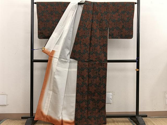 平和屋着物■上質な紬 亀甲草葉文 正絹 逸品 BAAX8602mz