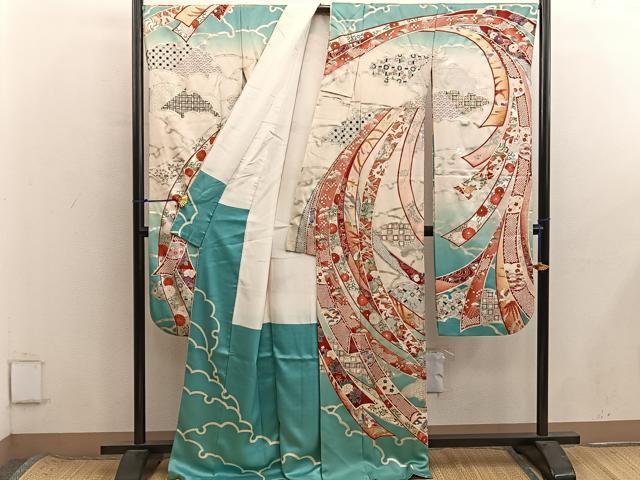 平和屋着物■豪華振袖 飛鶴菊花文 銀彩 正絹 逸品 BAAX8607mz