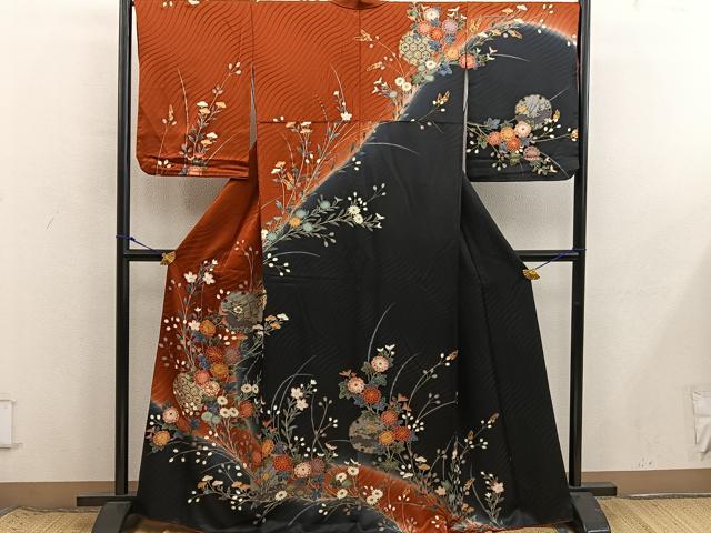 平和屋着物■訪問着 駒刺繍 雪輪枝菊花文 暈し染め 金彩 正絹 逸品 CABM1949ev