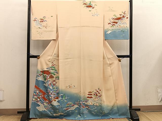 平和屋着物●訪問着 刺繍 風景花文 暈し染め 正絹 逸品 BAAX8768mz