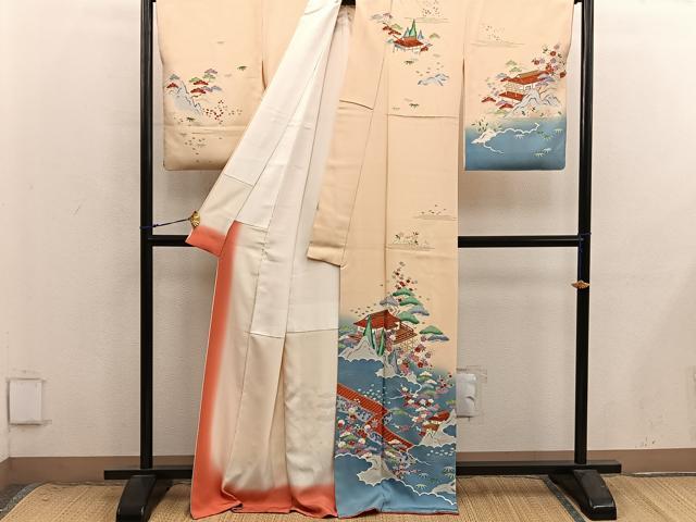 平和屋着物●訪問着 刺繍 風景花文 暈し染め 正絹 逸品 BAAX8768mz