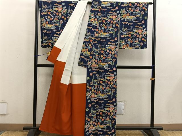 平和屋着物■上質な小紋 型染め 風景花文 鬼しぼ縮緬 正絹 逸品 未使用 BAAX8913mz