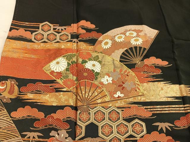 平和屋着物■豪華黒留袖 駒刺繍 扇面菊花文 金彩 正絹 逸品 BAAX8919mz