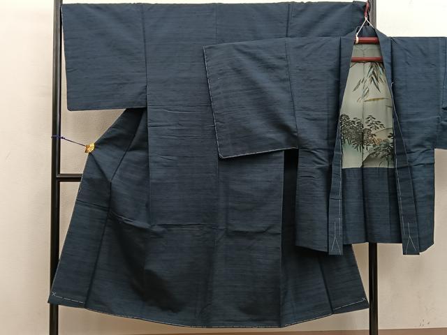平和屋着物■男性 紬 アンサンブル 網代織 黒緑色 正絹 逸品 未使用 BAAX8953mz