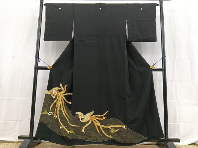平和屋着物■豪華黒留袖 刺繍 鳳凰立波文 金糸 正絹 逸品 BAAX9073yc