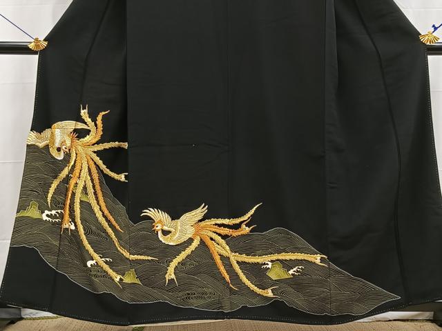 平和屋着物■豪華黒留袖 刺繍 鳳凰立波文 金糸 正絹 逸品 BAAX9073yc