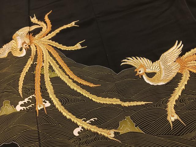 平和屋着物■豪華黒留袖 刺繍 鳳凰立波文 金糸 正絹 逸品 BAAX9073yc