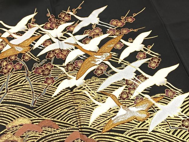 平和屋着物■豪華黒留袖 駒刺繍 飛鶴松竹梅文 金銀彩 正絹 逸品 BAAX9076yc