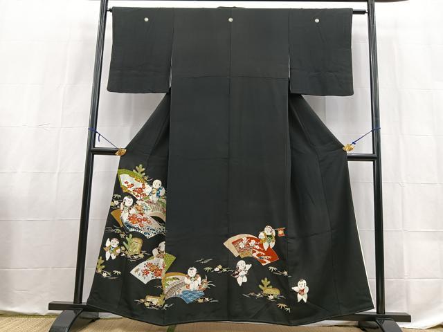 平和屋着物■豪華黒留袖 駒刺繍 唐子地紙花文 金彩 正絹 逸品 BAAX9111yc