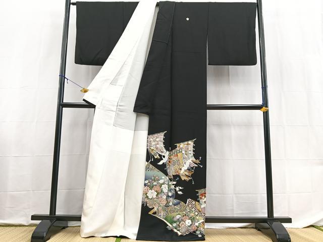 平和屋着物■豪華黒留袖 駒刺繍 飛鶴吉祥花文 金銀彩 正絹 逸品 BAAX9134yc